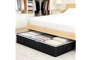 Under Bed Storage Box with Zipper Closure and Handles Low Profile for Bedroom, Living Room, Closet, Dorm & Storage Room, Blac