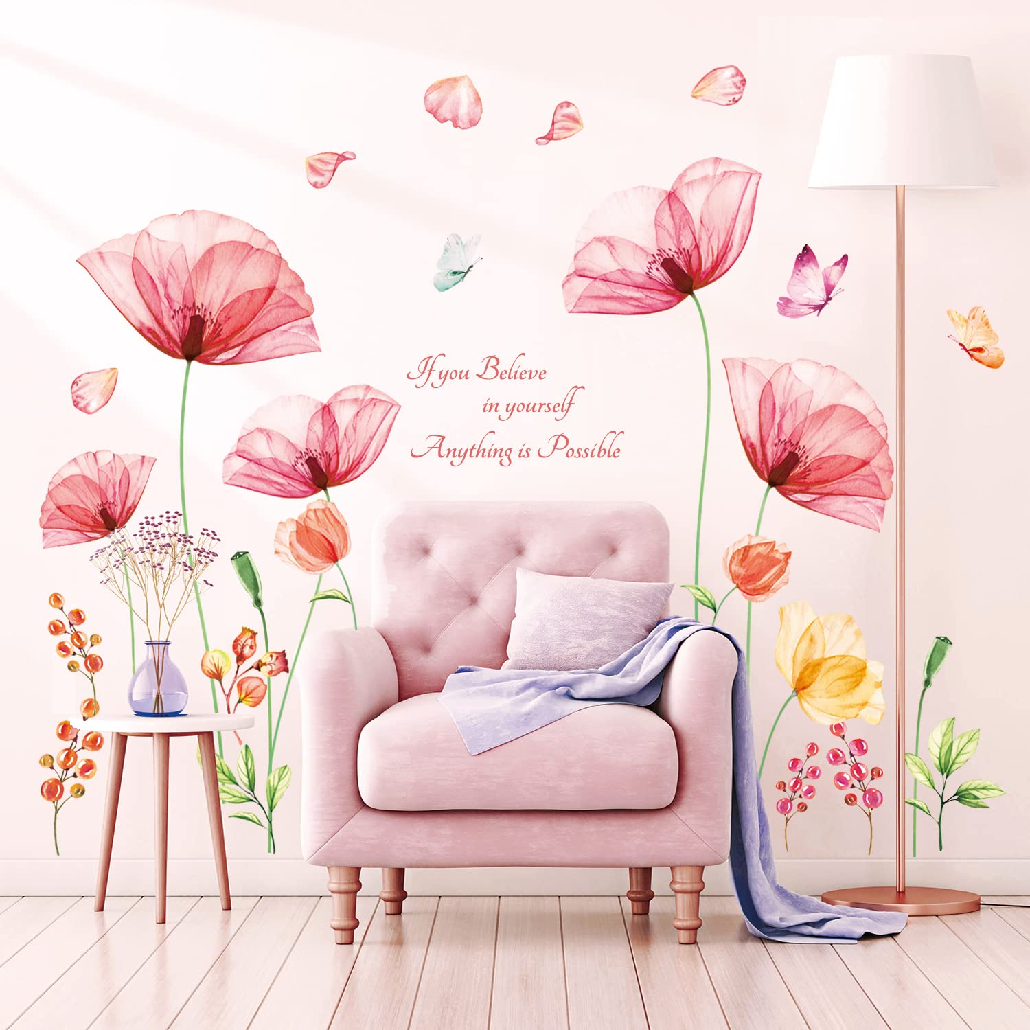 DECOWALL SG-2206 Pink Flowers Quotes Wall Stickers Poppy Floral Butterfly Decals Removable for Inspirational Bedroom Living Room Kitchen Bathroom Art Home Decor — image 1