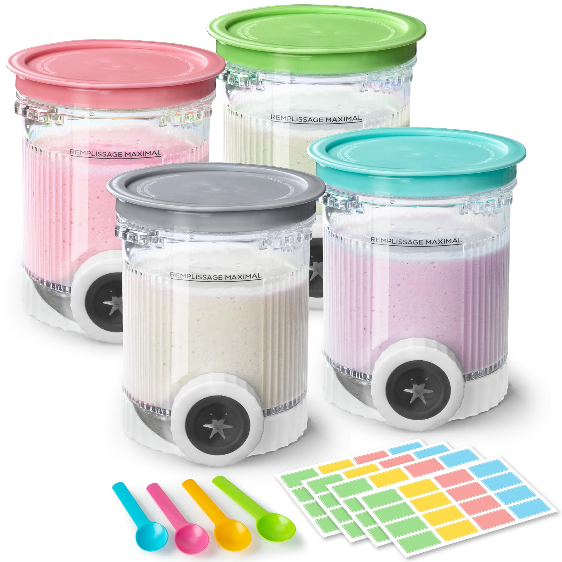 Photo 1 of 4 Pack Creami Swirl Pints & Lids for Ninja, Compatible with NC700 Series Ninja Swirl Ice Cream & Soft Serve Makers, with 4 Spoons & 64 Writable Labels, BPA-Free & Dishwasher Safe, Assorted Colors