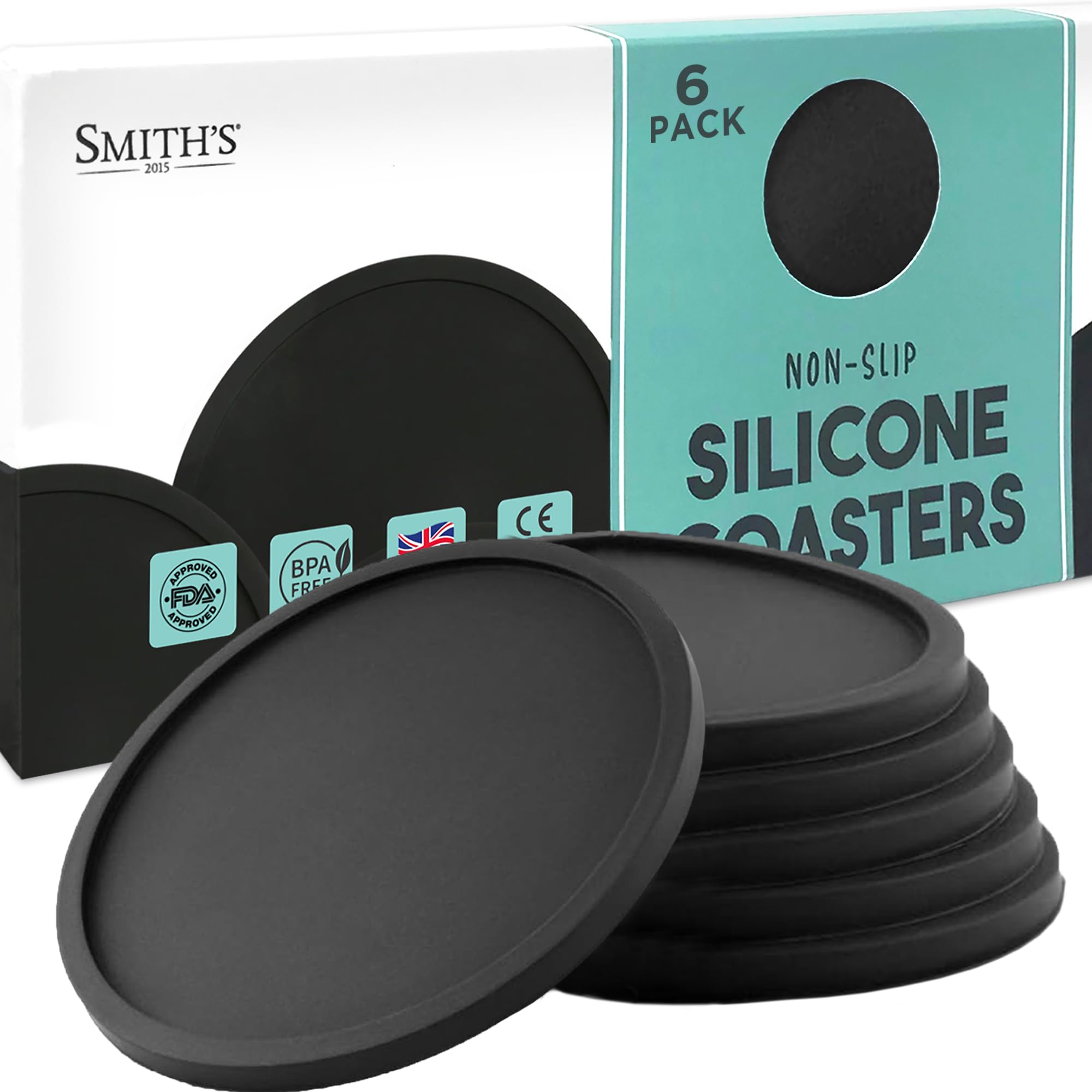 6 Pack Silicone Coasters by Smith’s® | 10cm Diameter | Black / V2 | Round | Anti-Slip Base | Safe, Non-Toxic Silicone | Safe for All Surfaces