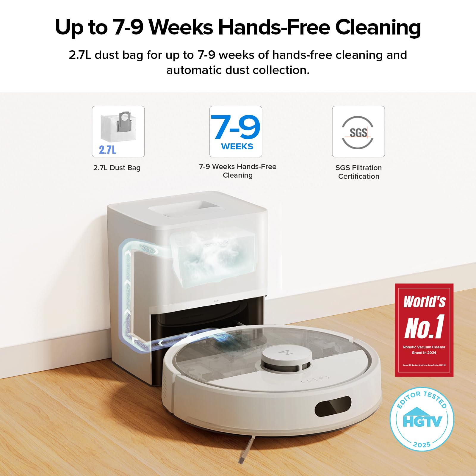 roborock Q7 M5+ Robot aspirador y trapeador, actualizado desde Q5 Max+, hasta 7-9 semanas de autovaciado, succión de 10000 Pa, sistema dual antienredos para pelo y alfombras de mascotas, navegación LiDAR PreciSense, control de aplicaciones, blanco