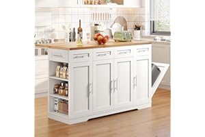 Dripex 53'' Rolling Kitchen Island with Power Outlet, Drop Leaf & Trash Can Storage, Large Island Cart on Wheels with Rubberwood Top, 4 Drawers, Open Shelves, for Kitchen, Dining Room (White)