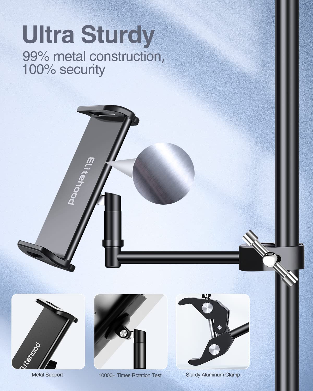 elitehood Aluminum iPad Holder for Mic Stand, Side Mount iPad Music Stand Holder for Microphone, 360° Swivel Tilt Adjustable Mic Tablet Mount for 4-13in iPhone, Cell Phones and Tablets