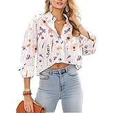 JINKESI Womens Button Down Cropped Shirt Loose Fit Style Casual Long Sleeve Collared Blouses with Pocket Ink Lotus-M