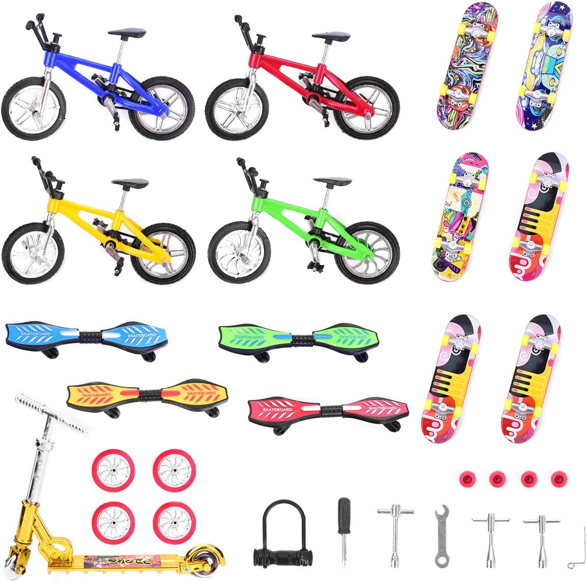 Lohoee Mini Finger Skateboards Finger Bikes Scooter Tiny Swing Board Fingertip Movement Replacement Wheels and Tools Educational Finger Toy Party Favors for Finger Training(30 Pieces)