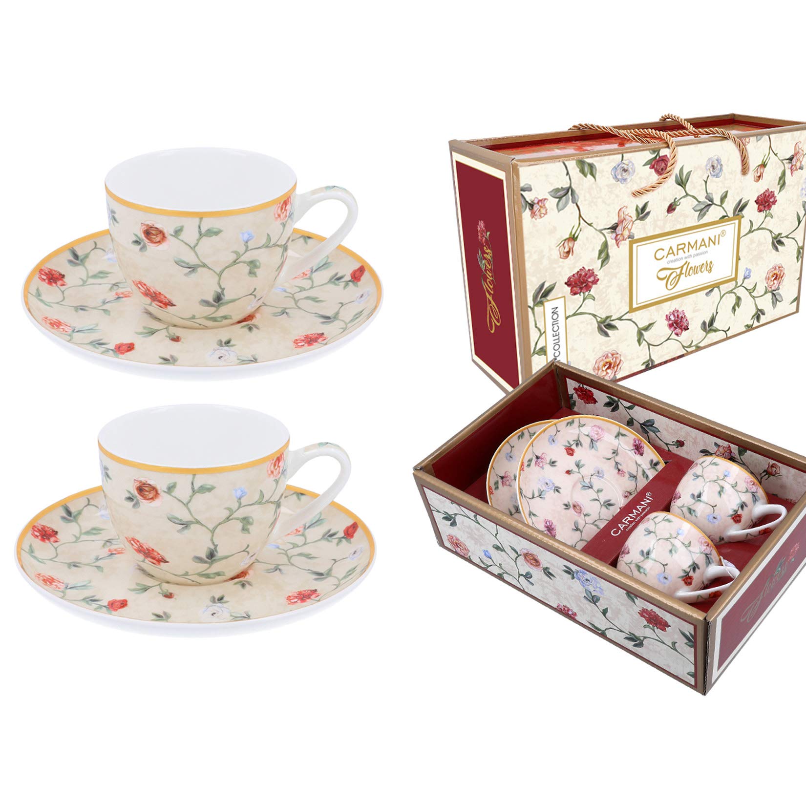 CARMANI - Flowers Collection Espresso Cup and Saucer Set of 2 with 'Flowers' 100 ml