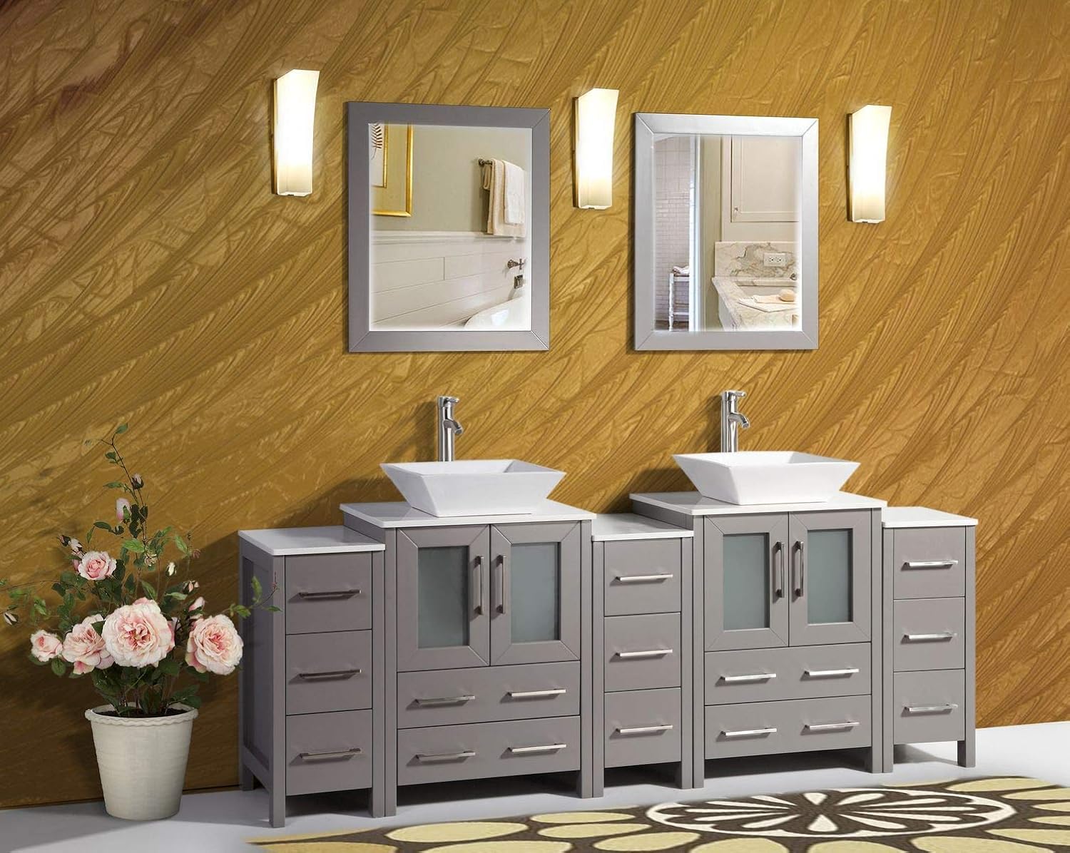 Amazon Com Vanity Art 84 Inch Double Sink Bathroom Vanity Compact Set 5 Cabinets 2 Shelves 13 Drawers Quartz Top And Ceramic Vessel Sink Bathroom Cabinet With Free Mirror Va3124 84 G Kitchen Dining