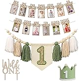 1st Birthday Highchair Banner Decorations Wild One High Chair Banner With Green Tassel Garland Crown Hat Wild One Cake Topper Baby Photo Banner Photoshoot Props Photo Props(Green)