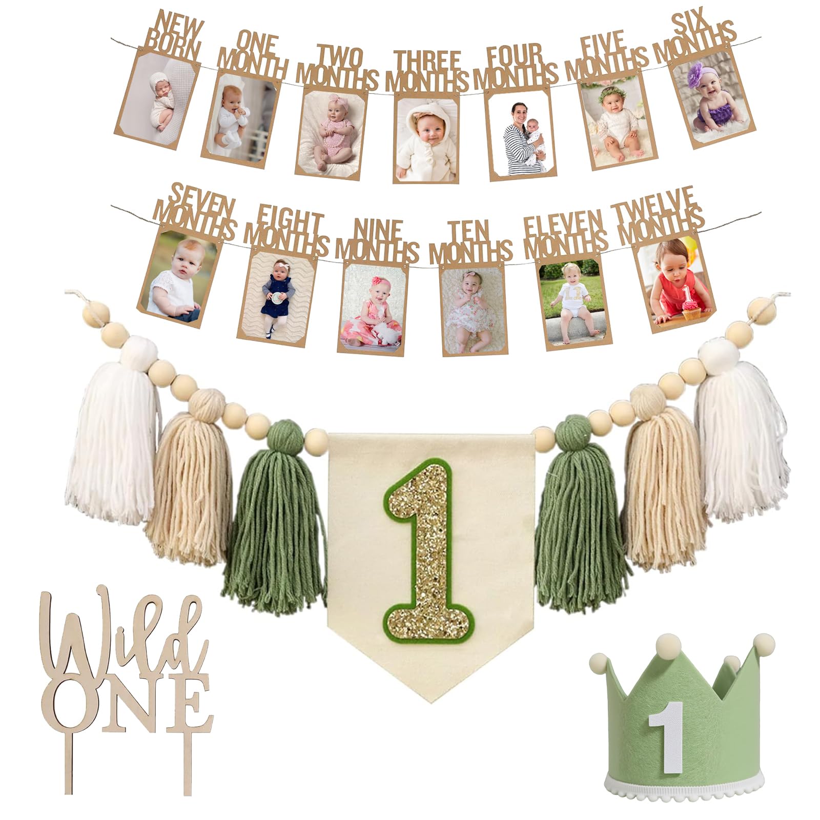 Photo 1 of 1st Birthday Highchair Banner Decorations Wild One High Chair Banner With Green Tassel Garland Crown Hat Wild One Cake Topper Baby Photo Banner Photoshoot Props Photo Props(Green)