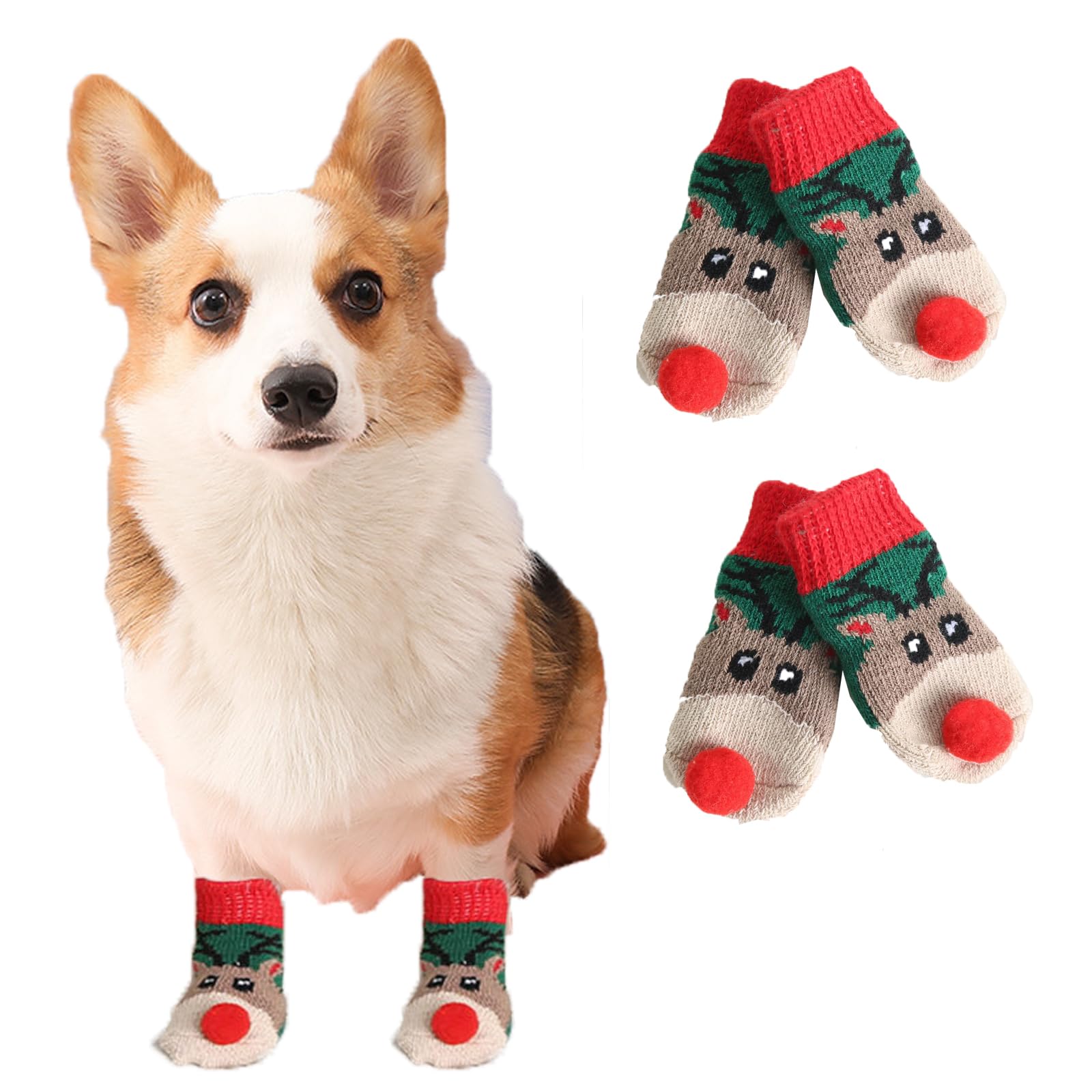 Golden Apple 1 Set Christmas Dog Socks Xmas Elk Knit Dog Grip Socks Pet Paw Cover for Small Medium Pet Puppy Dogs Cats (M)