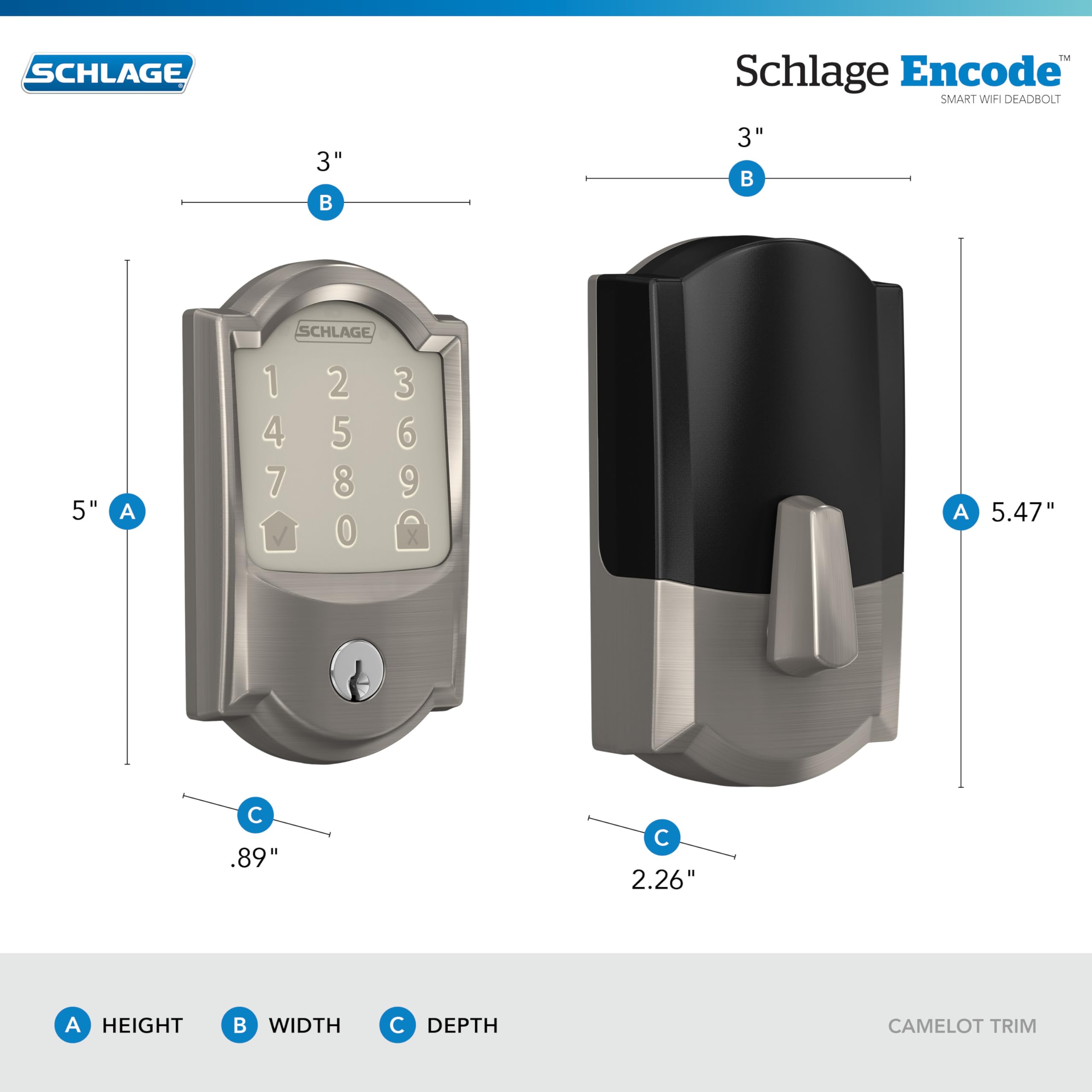 Schlage Encode Smart WiFi Deadbolt Lock for Front Door - Keyless Entry with App or Touchscreen - Works with Alexa, Hey Google, & Airbnb - Create Codes for Guests - Satin Nickel Silver - View 3