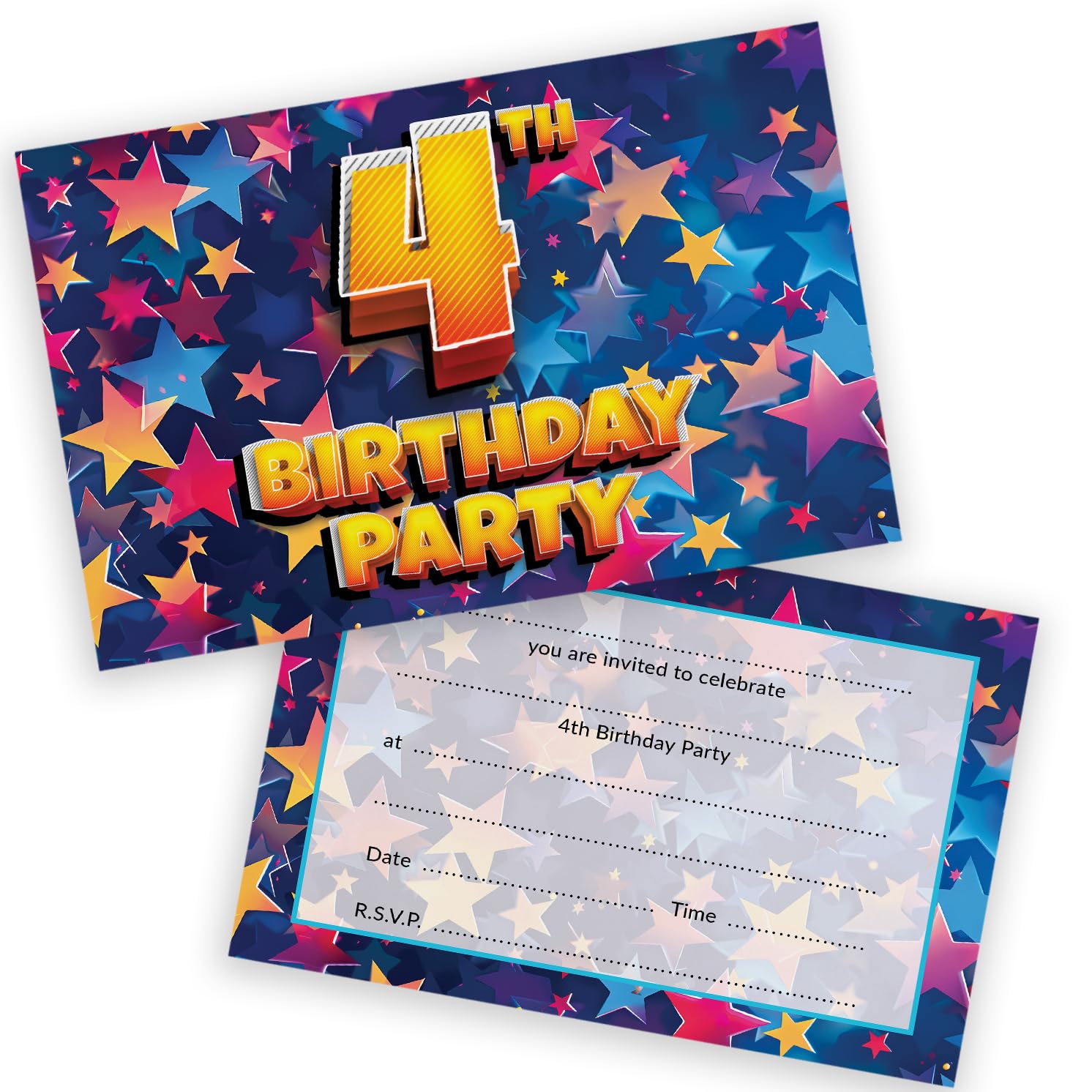 4th Birthday Party Invitations Kids - Celebration Stars 28 Pack - Childrens Birthday Invitations for Boys/Girls A6 Bday Party Invites Invitation Cards with Folding Envelopes