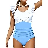FoWear Girls Swimsuit One Piece Ruffle Trim Swimwear Criss Cross Girls Bathing Suit for 6-14 Years