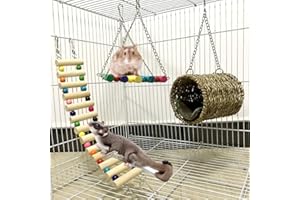 Leeko Hamster Chew Toy, 3 Pieces Wooden Hammock, Swing Climbing Ladder and House Nest, Small Animal Hanging Toys for Hamster 