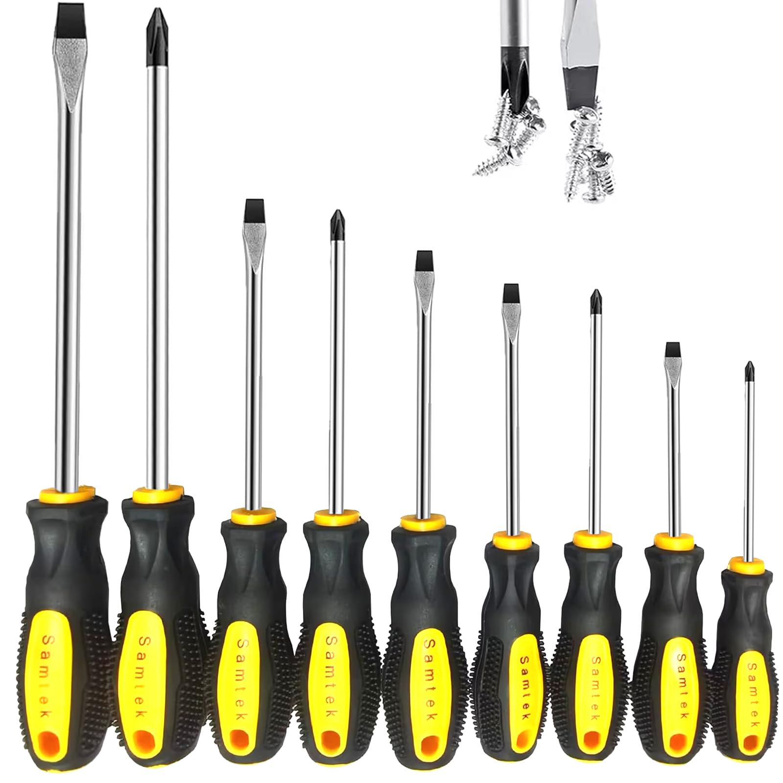 9Pcs Magnetic Screwdrivers Sets, Heavy Duty Non-Slip Soft Grip Buffer insullated Handle Pozi Screwdriver, Flat Head screwdrivers, Flat blade Flared Phillips Pozi Cross Head Crosshead Point Screwdriver