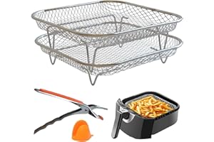 GEOLINHOME Dual-Layer Air Fryer Rack Set with Elevated and Regular Support Legs. 304 Stainless Steel Mesh Baskets, Square Air Fryer Accessories for Cosori, Instant Vortex, Chefman, Ninja Foodi Grill.