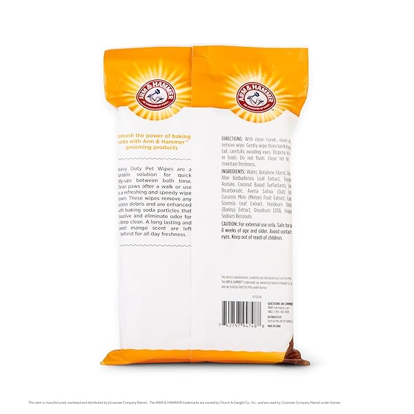 ARM & HAMMER FOR PETS HEAVY DUTY MULTIPURPOSE BATH WIPES FOR DOGS, TRAVEL SIZE, MANGO SCENT | ALL PURPOSE DOG WIPES REMOVE ODOR & REFRESH SKIN FOR PETS | 30 CT PACK OF TRAVEL PET WIPES