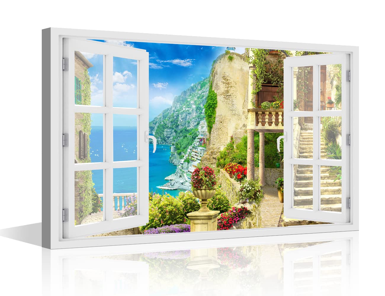 TISHIRON 3D Window Landscape Nature Painting Canvas Wall Art Vintage Print Wall Decor for Home Living Room Bedroon Bathroon Decor Framed Ready to Hang 16x24inch — image 1