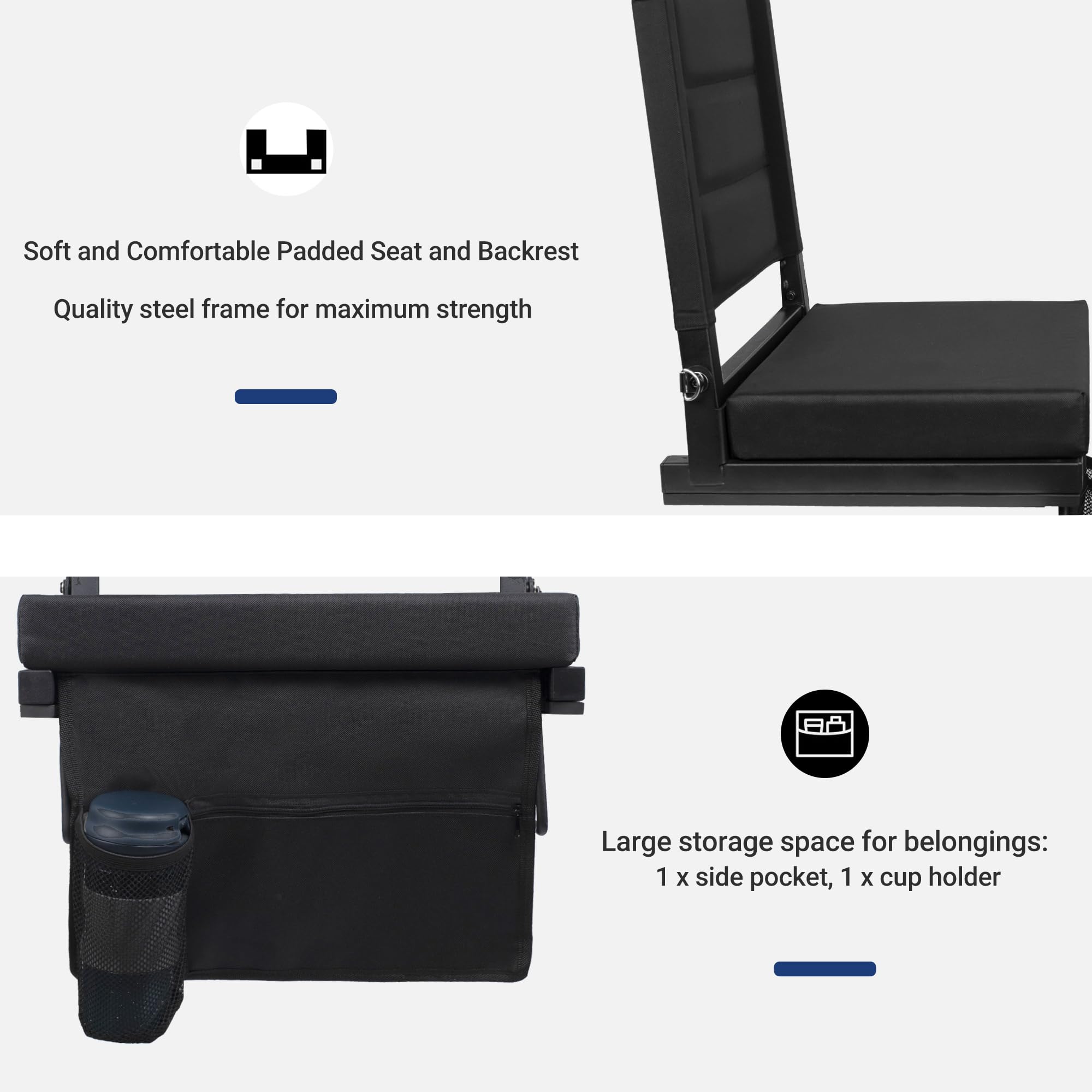 Stadium Seats for Bleachers with Back Support, Portable Bleacher Seats with Thick Padded Cushion and Shoulder Strap, Wide Stadium Seat Chair Includes Hooks, Cup Holder and Side Pocket