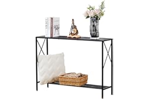 Wimarsbon Sofa Tables, 41.9" Entryway Table with Metal Frame, Narrow Console Entrance Table with Shelf for Hallway, Living Room, Foyer, Corridor, Office (Black Faux Wood Grain + Black Frame)