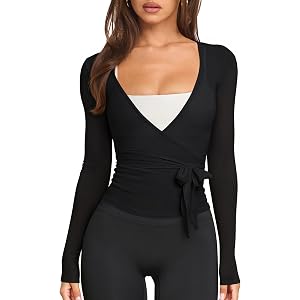 LASLULU Womens Long Sleeve Tie Front Wrap Tops Yoga Shrugs Long Cardigan | Wrap Tops,Shrugs for women,See-through,Workout Top