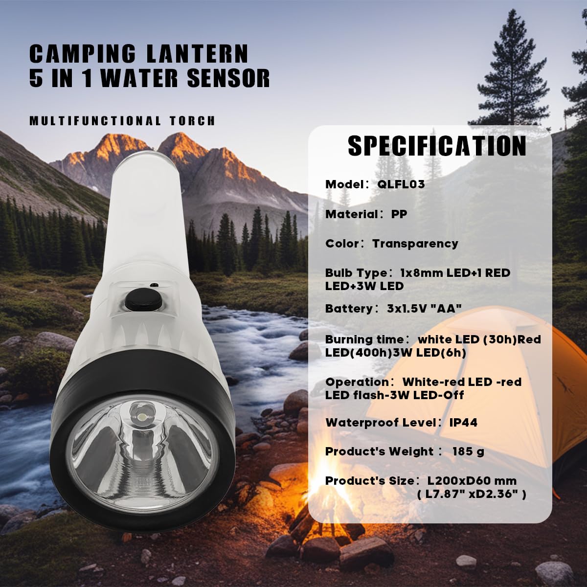 WELESHEI 5 in 1 Camp Lamp Emergency Flashlight Outdoor Water Sensor Survival Gear and Supplies Tent Light Camping Essentials for Hurricane,Hiking,Outdoor Walking, Emergency,Storms and Outages Lamp