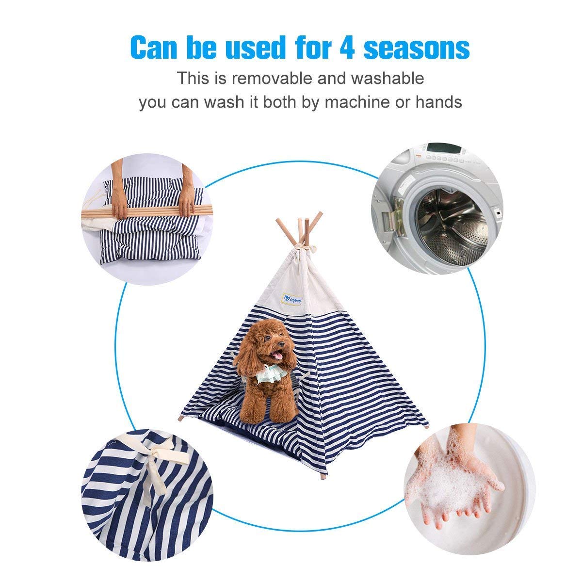 isYoung Pet Tent Bed, Pet Teepee House for Cats and Little Dogs Washable Navy Stripe Style with Breathable Mesh Window - Come with A Mat, Used All Year