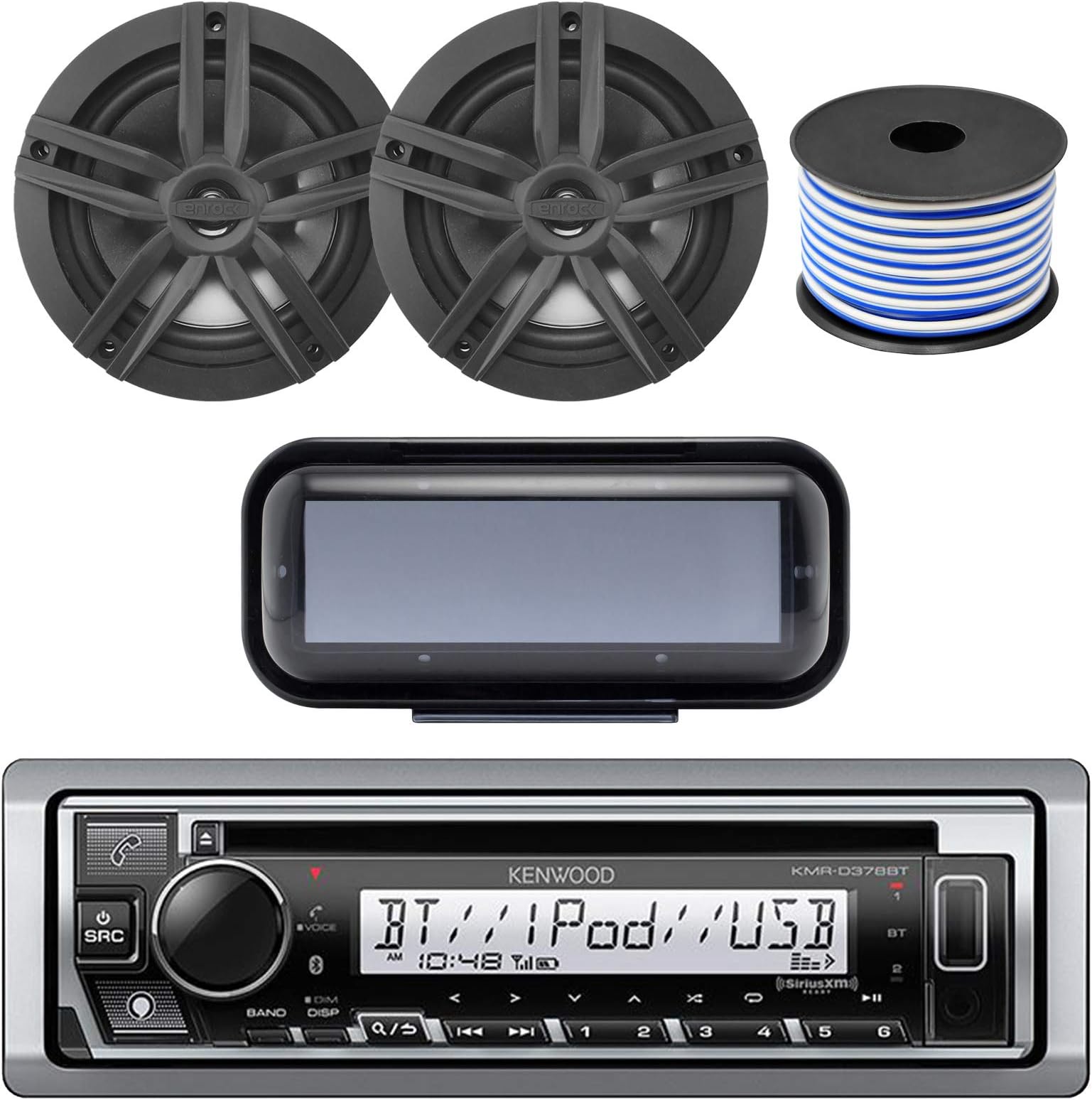 KenwoodBluetooth CD Radio Receiver In-Dash Marine Boat Audio Bundle with Pair of Enrock 6.5" Dual-Cone Stereo Speakers, Stereo Waterproof Cover, 18g 50ft Speaker Wire (Black / Chrome)