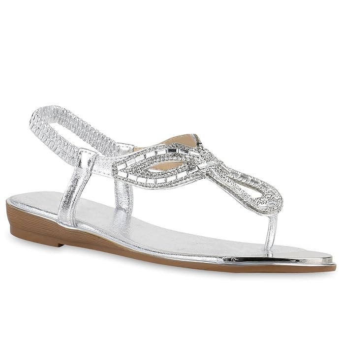 Stiefelparadies Damen Sandalen Zehentrenner Strass Metallic Flandell