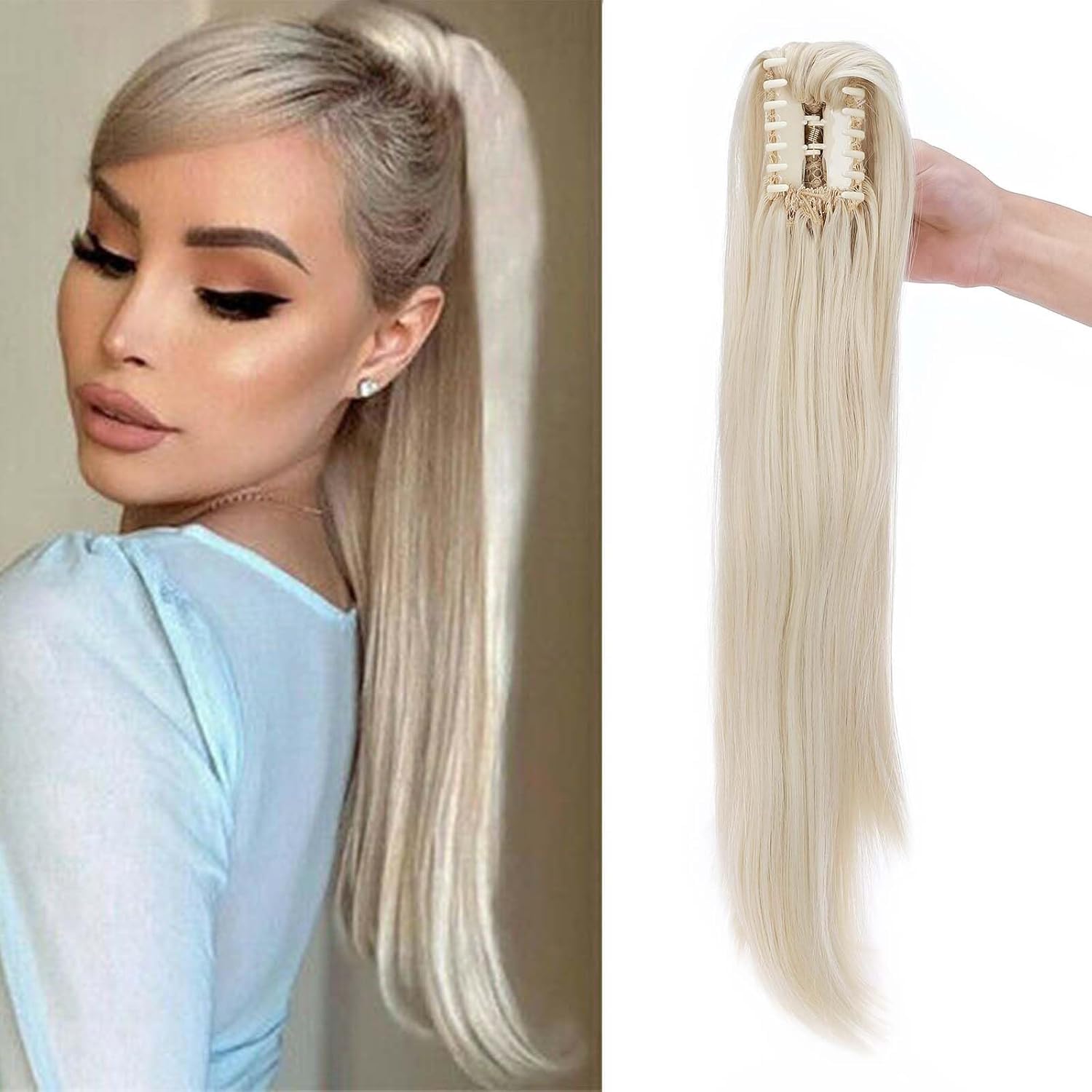 22" Ponytail Extension Long Curly Ponytail Hairpiece Clip in Claw Hair Extensions Natural Looking for Women Bleach Blonde