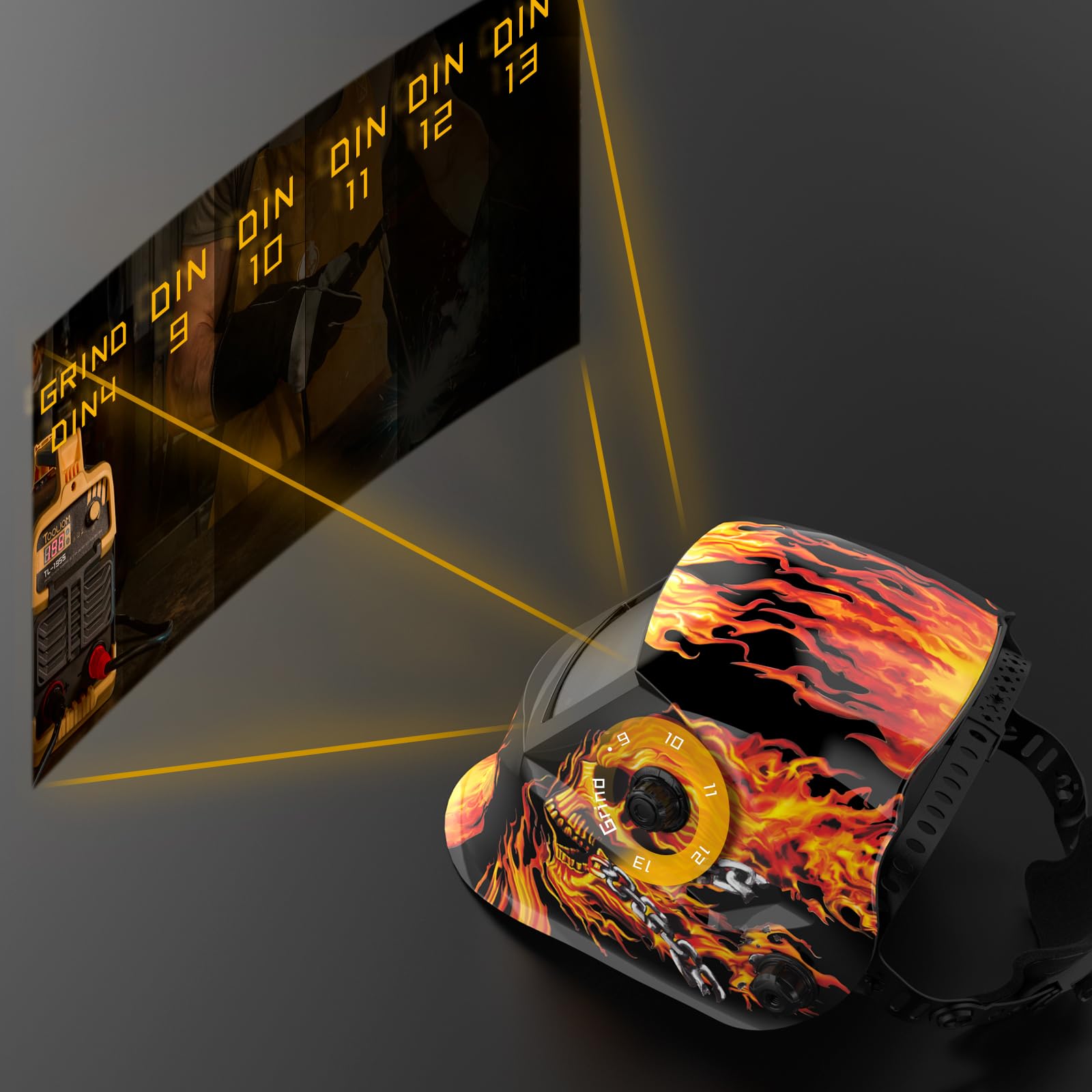 TOOLIOM Welding Helmet Auto Darkening Solar Powered with Adjustable Shade 4/9-13 for TIG MIG ARC Flaming Skull Design Welder Mask