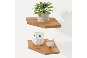 Fun Memories Corner Shelf Wall Mount Set of 2 - Solid Oak Wood Floating Corner Shelf with Cable Hole, 7in Rustic Design for Bedroom, Living Room, Kitchen (Natural)