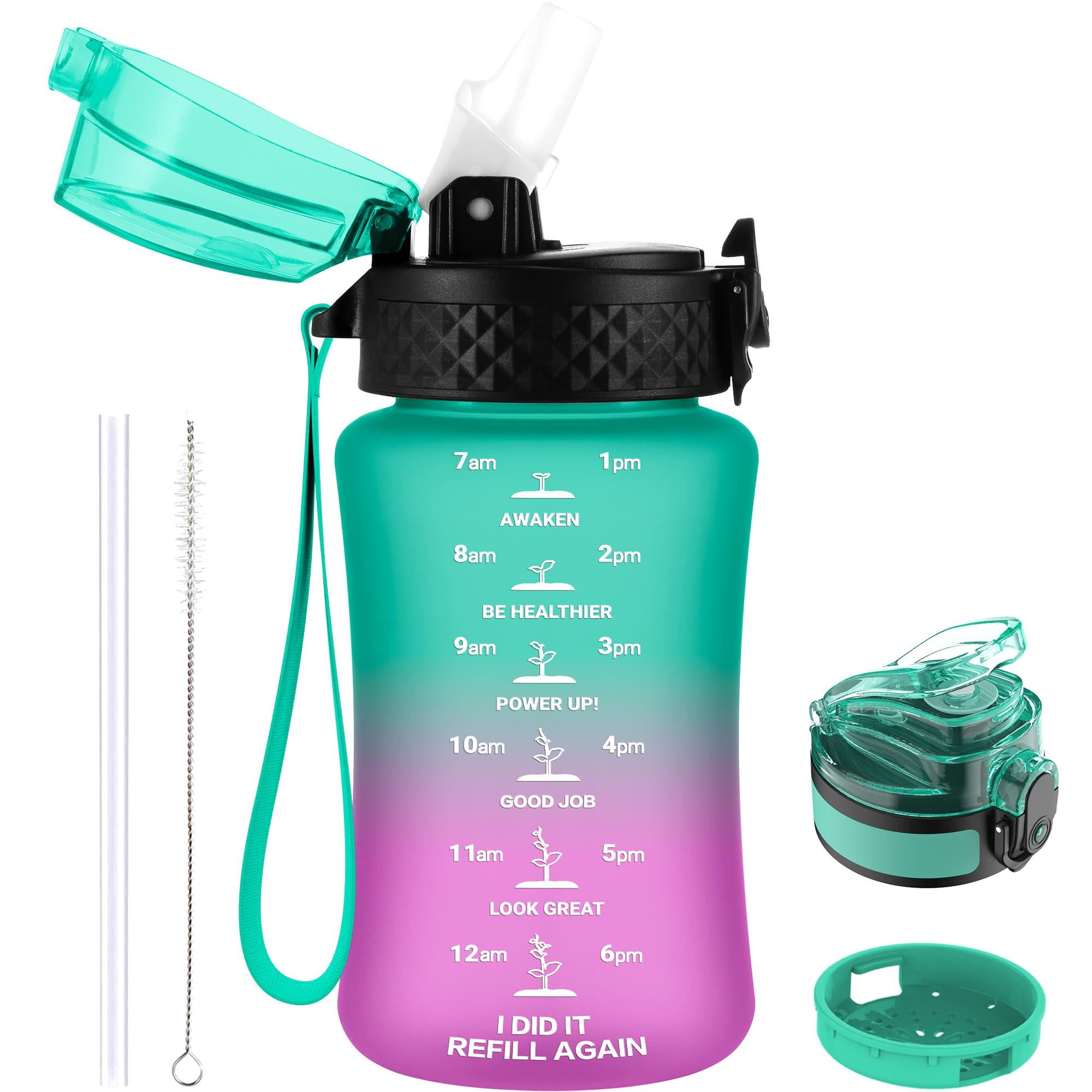 GOPPUS 350ml/12oz Kids Water Bottle With Straw Tritan Drinks Bottle with Strap Small Toddler Juice Bottles with Flip Top Lid Leakproof Children's Cup with Time Marking BPA free Girl Boy (Green Purple)