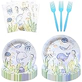 zczsosomo 108 Pcs Undersea Plates Napkins and Forks Dinnerware Set Undersea Theme Party Tableware Supplies Cute Ocean Animals Disposable Dinnerware Birthday Baby Shower Kids Party Decoration Serve 27
