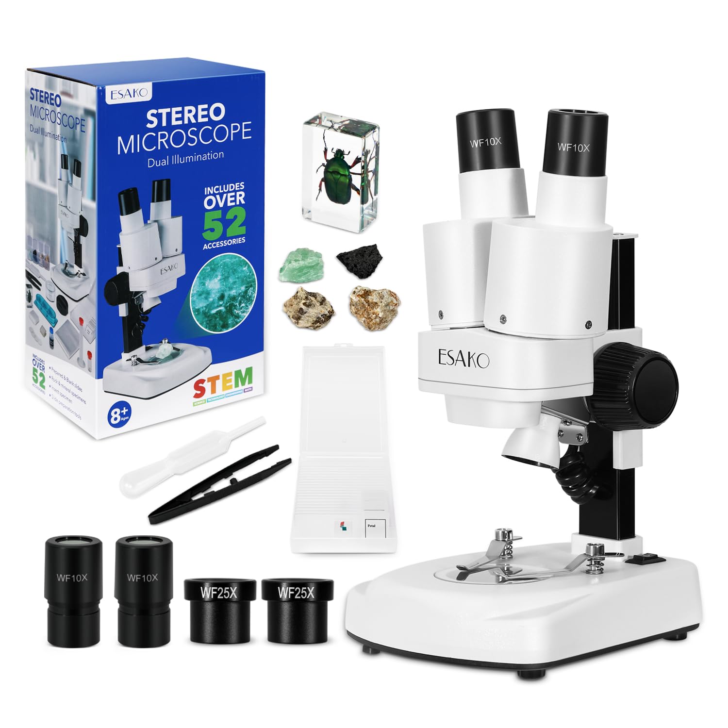 ESAKO Dual LED Kids Microscope - Science Kit with 10 Prepared Slides & 10 DIY Blank Slides, Mineral & Insect Specimens, Microscope Kit for Kids