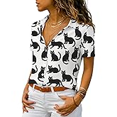 lomaiiest Short Sleeve Floral Tops for Women Summer Flower Printed V Neck Tshirts Button Down Tops Dressy Casual