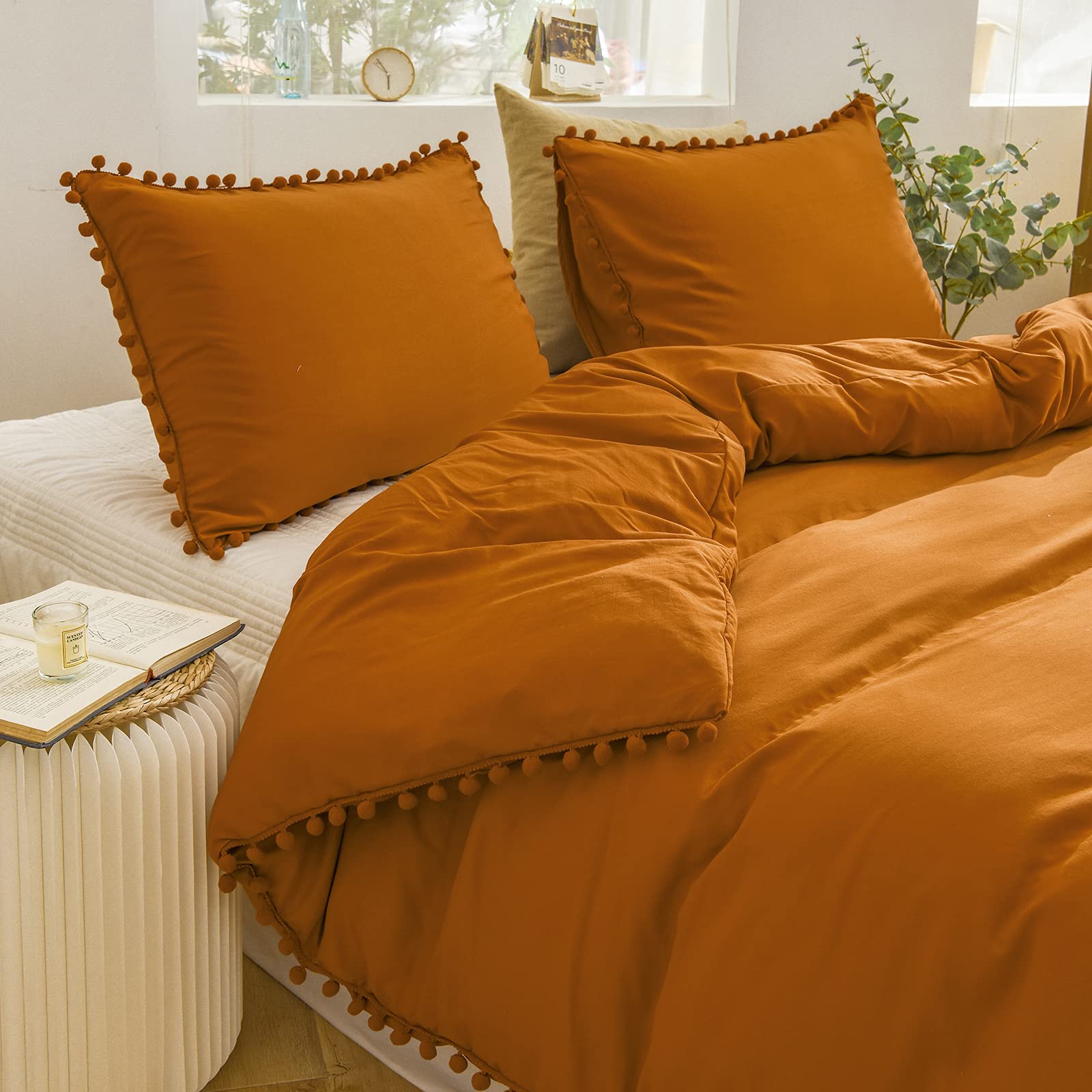 Herside Orange Bedding Super King Burnt Orange Duvet Cover Solid Ball Fringe Design Boho Terracotta Bedding Sets with 2 Pillwocases (Z-Orange, Super King)
