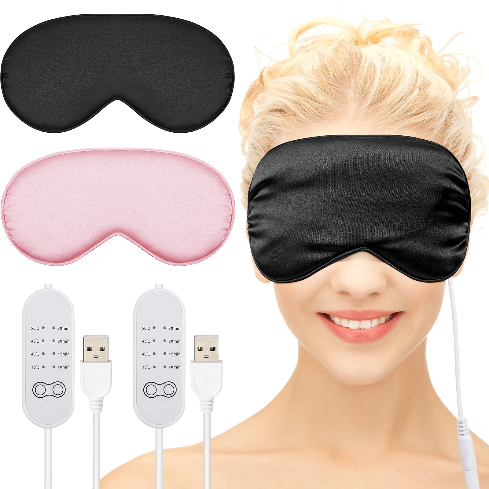 Photo 1 of 2 Pieces Silk Heated Eye Mask for Dry Eyes USB Steam Warm Compress for Puffy Eyes Adjustable Temp Sleep Eye Mask for Dry Eye, Chalazion, Blepharitis, Stye (Black, Pink)