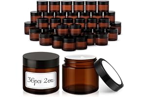 TECOHOUSE 2 oz Glass Jars with Lids, 36 Pack Amber Small Glass Jars with Black Lids Leakproof Round Airtight Empty Cosmetic Travel Containers with Inner Liners For Lotions Powders and Candle Making