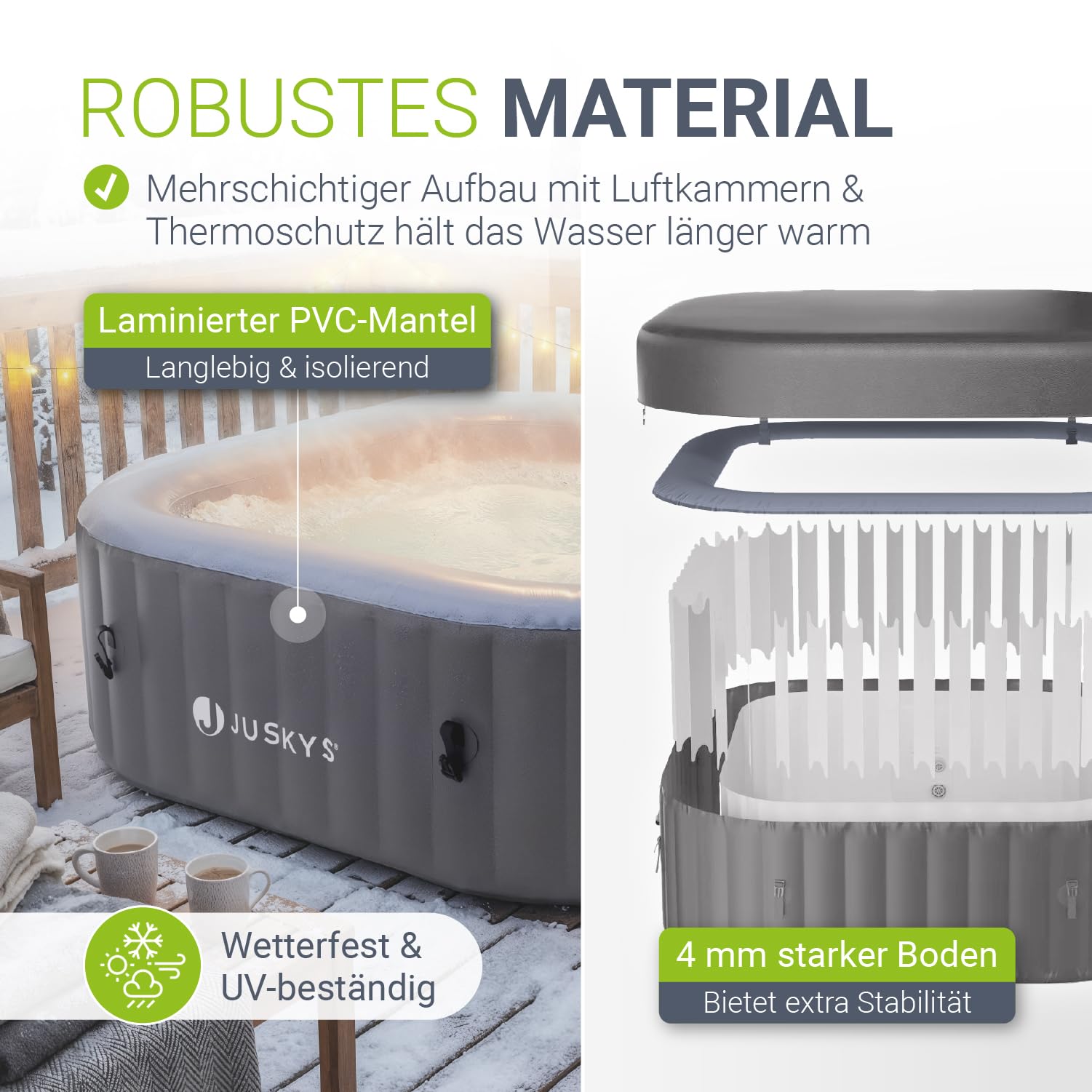 JUSKYS® Whirlpool SpaLuxe – Aufblasbar, Outdoor & Winterfest, 130 Sprudeldüsen, 3000W, PVC laminiert, Grau/Blau 4