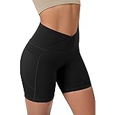ODODOS Cloud Feeling Cross Waist Yoga Shorts with Pockets for Women, 6" Crossover High Waist Lounge Biker Shorts