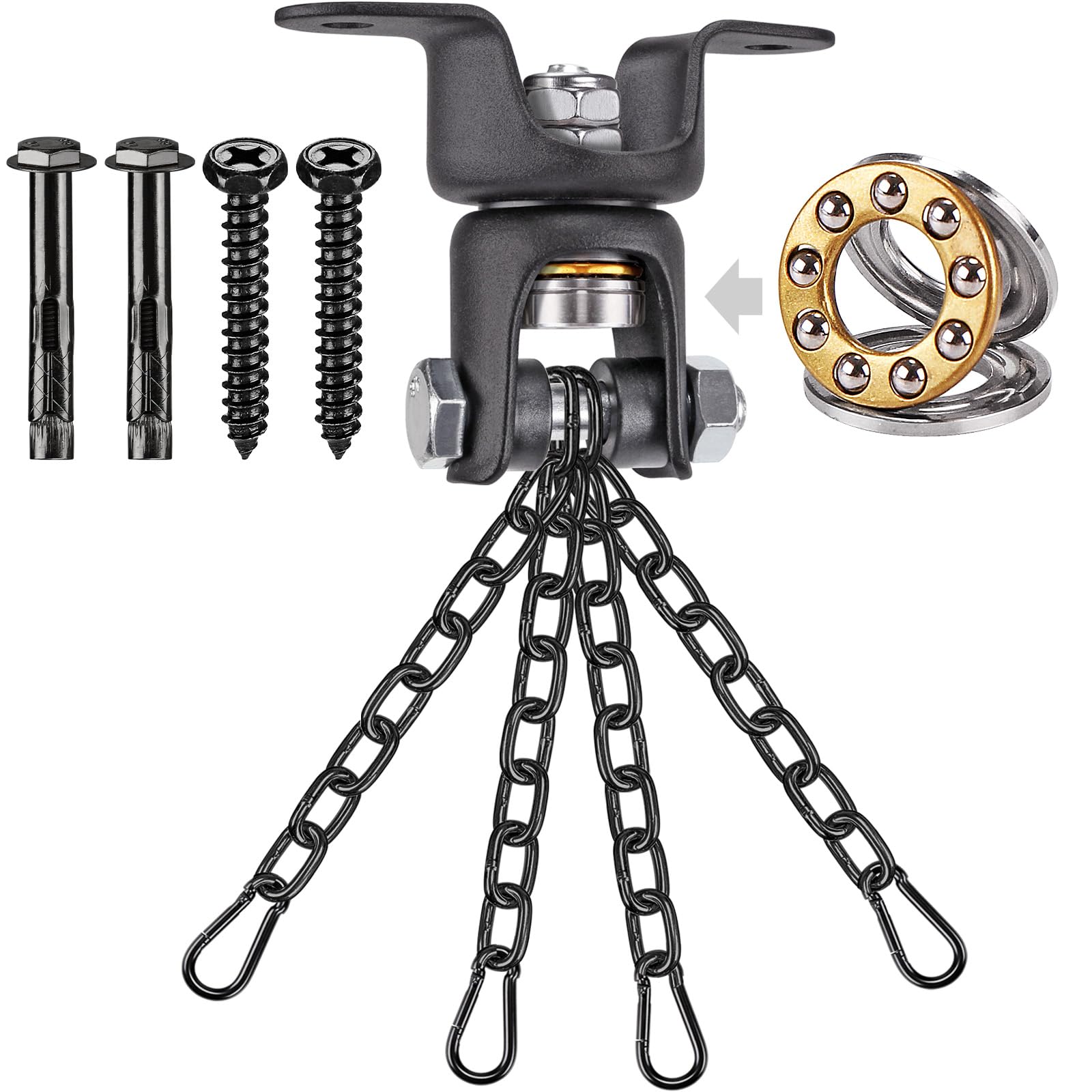 BeneLabel Swing Hanger Bearing, Heavy Duty Hammock Chair Hook 360 Swivel Punching Bag Ceiling Bracket Carabiner with 4 x 26cm Black Chains Yoga Rope/Aerail Hoop/Boxing Suspension Kit, 600lbs