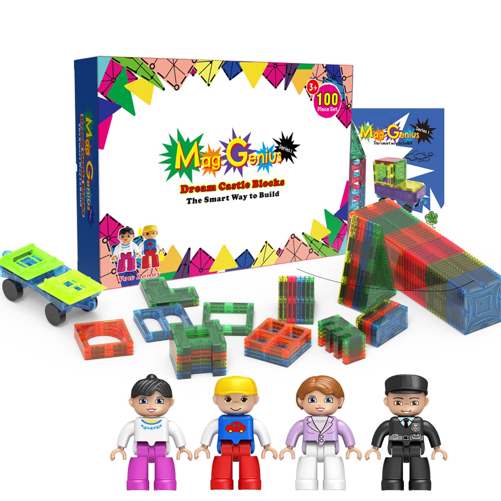 Mag-Genius 102 Piece Set - Magnet Tiles, Clickins, Castle, Windows, Magnet People
