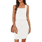 MEROKEETY Women's Summer Mini Sundress Casual Waffle Knit Square Neck Drawstring Beach Tank Dresses