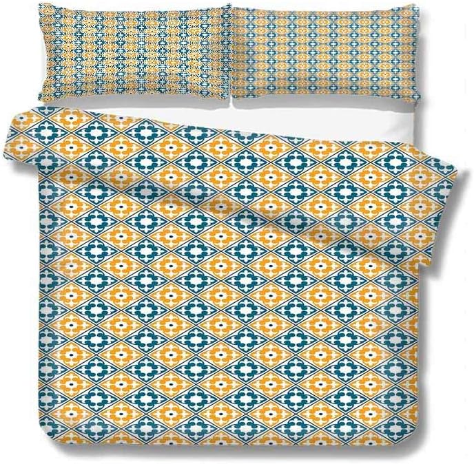 Luoiaax Moroccan 3-Pack (1 Duvet Cover and 2 Pillowcases) Bedding Spanish Portuguese Azulejo Inspired Abstract Natural Pattern with Leaves Polyester (King) Teal Marigold White