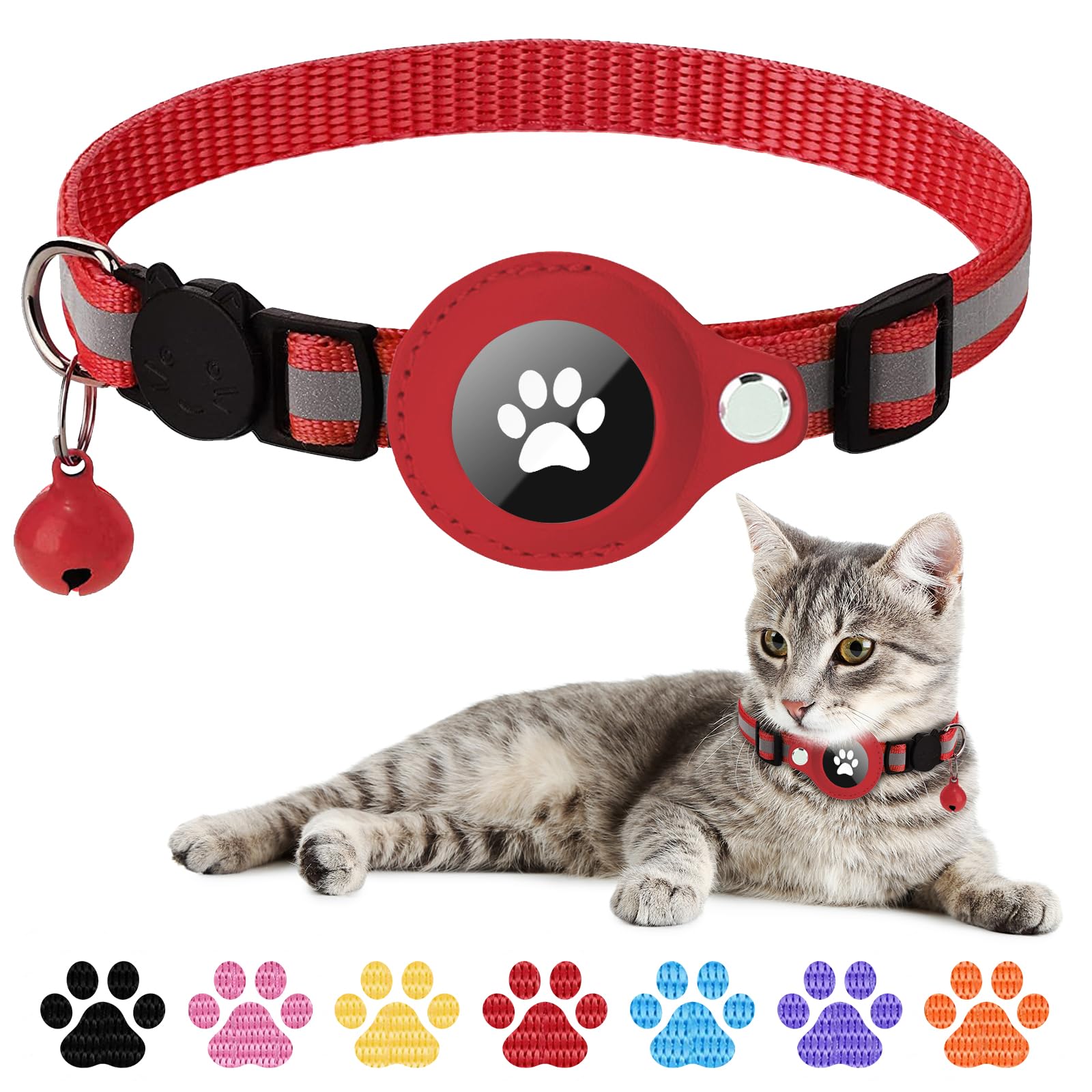 Boloshine Reflective Cat Collar with Tracker Holder, Anti-Lost Tracker Collar with Adjustable Holder & Bell, Lightweight GPS Cat Collar Compatible with Apple Air Tag for Small Cats Kitten Puppy (Red)