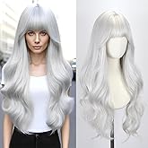 STYLER Silver Wig with Bangs for Women -26 Inch Long Wavy Silver Wigs Synthetic Heat Resistant Hair Natural Looking Wigs for Daily Use Halloween Christmas Cosplay Party