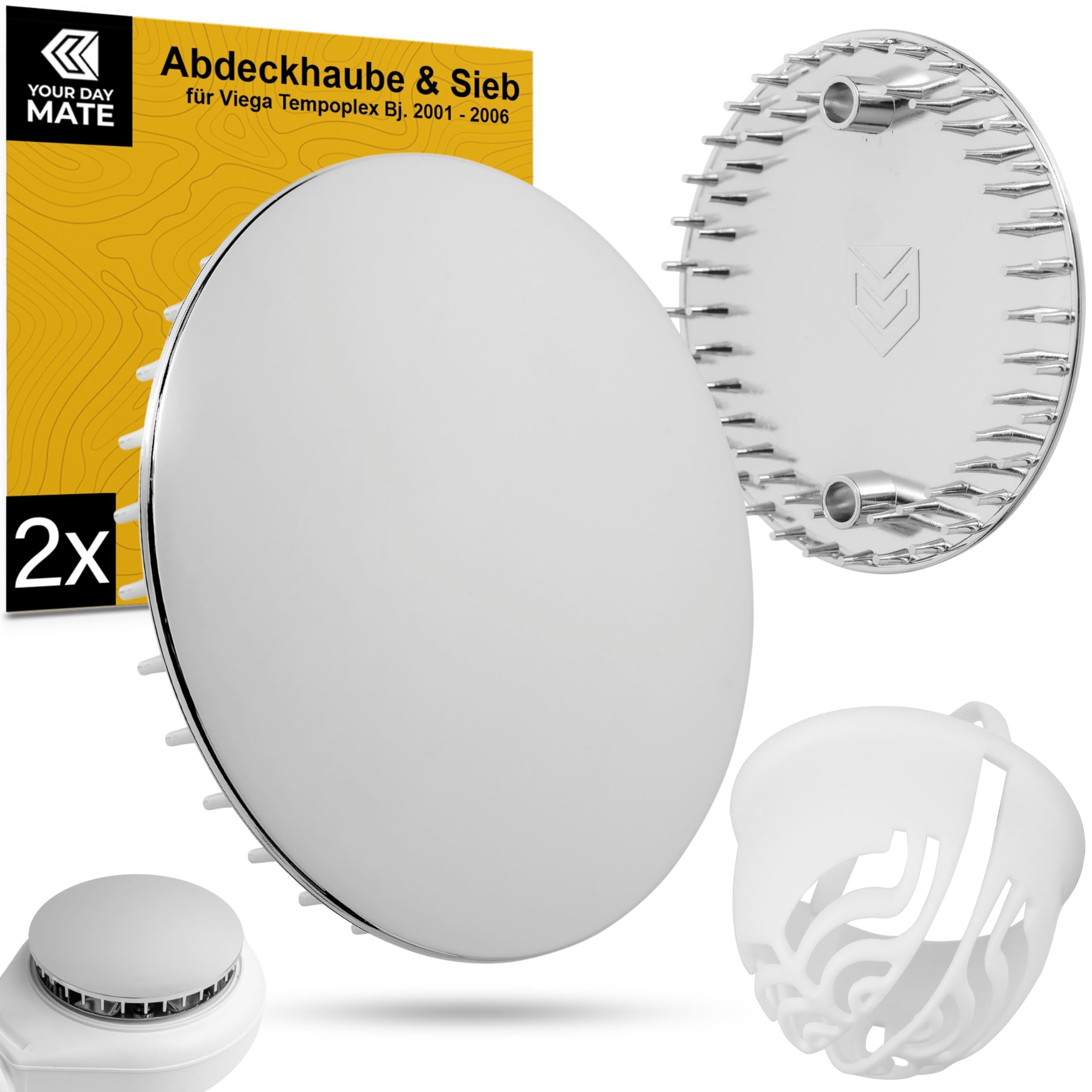 Cover Cap and Hair Strainer Set for Shower Drain, Ø 4.41", Compatible with Viega Tempoplex Drain Set from Model Year 2001-2006, for Shower Tray with Drain Hole, Chrome-Plated ABS Cover