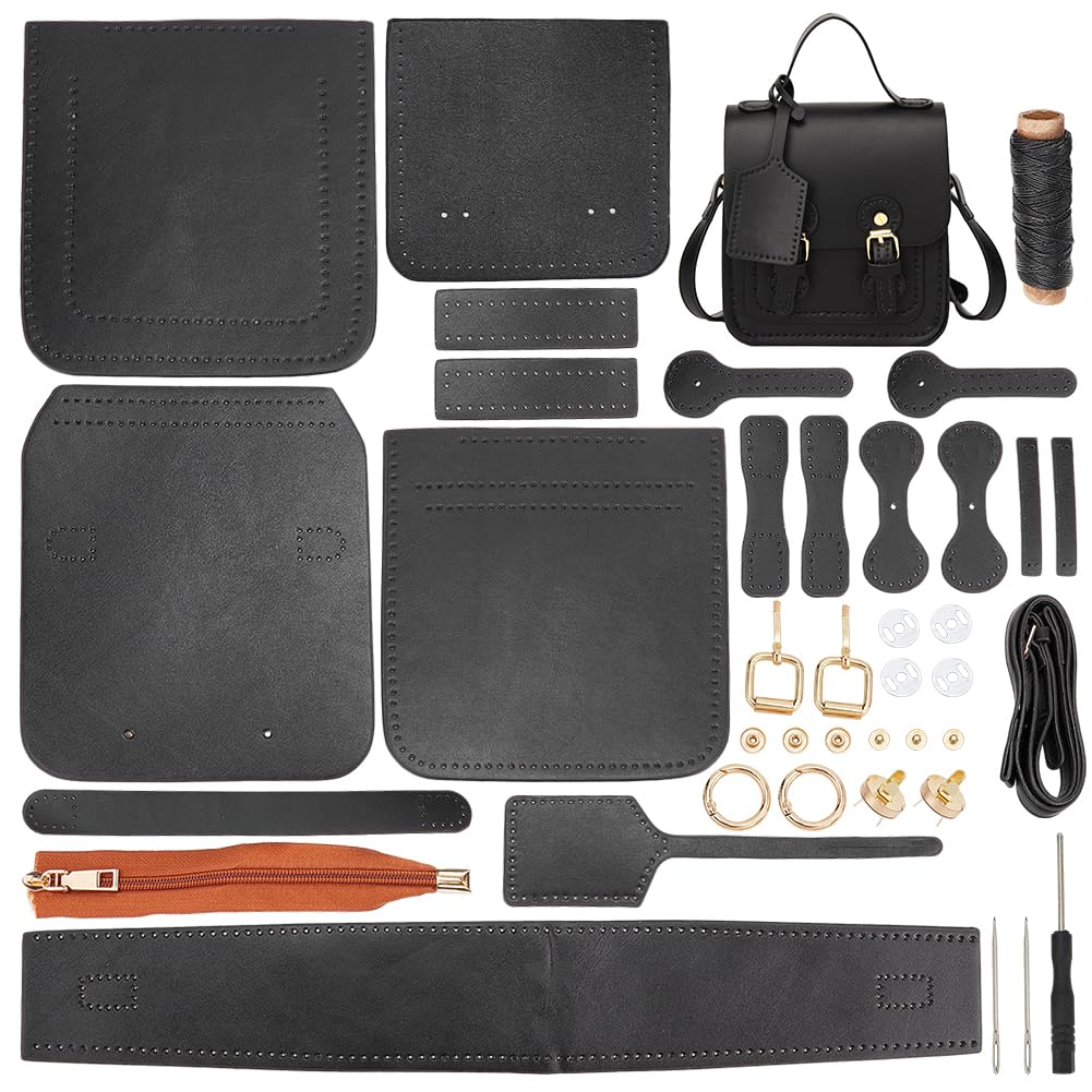 WADORN DIY Leather Shoulder Bag Making Kit, PU Leather Crossbody Bag Sewing Pattern Materials Craft Kit Handicraft Women Messenger Bag Purse Making Supplies Personalized Gift,1 17x13x7cm (Black)