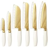 CAROTE Kitchen Knife Set, 6 Gold Knives with 6 Blade Guards, 12-Piece | Stainless Steel Blades, Ceramic Nonstick Coating, Long-Lasting Sharpness, Rust-Resistant, Non-Slip, Dishwasher Safe